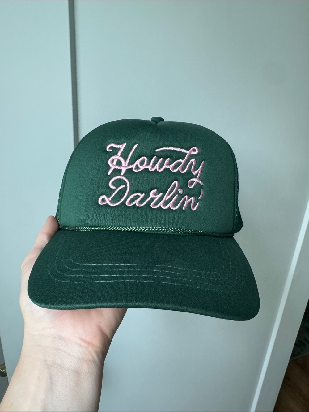 Source Unknown Dark Green Trucker Hat with Pink "Howdy Darlin'" Embroidery